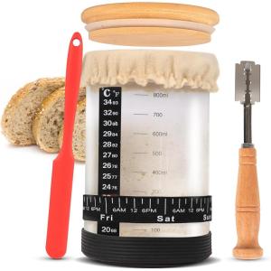 imageEcoNour 730 ml Sourdough Starter Kit  24oz Glass Sourdough Starter Jar with Thermometer Spatula Cloth Cover  DateMarked Feeding Band Ideal for Beginners  Bread Fermentation ampamp Baking Essential1000 ml  Wooden