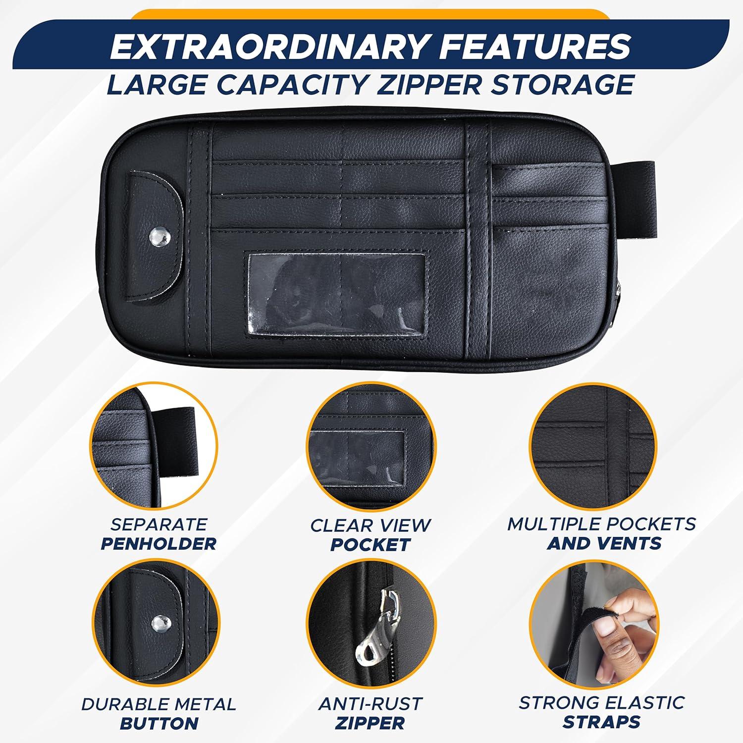 imageEcoNour Car Sun Visor Organizer Black  Storage Pouch Holder with MultiPocket Net Zipper  Sun Visor Organizer for Sunglass Coin Cash Pen  Auto Interior Accessories for Car Truck ampamp SUVBlackMulti Organizer