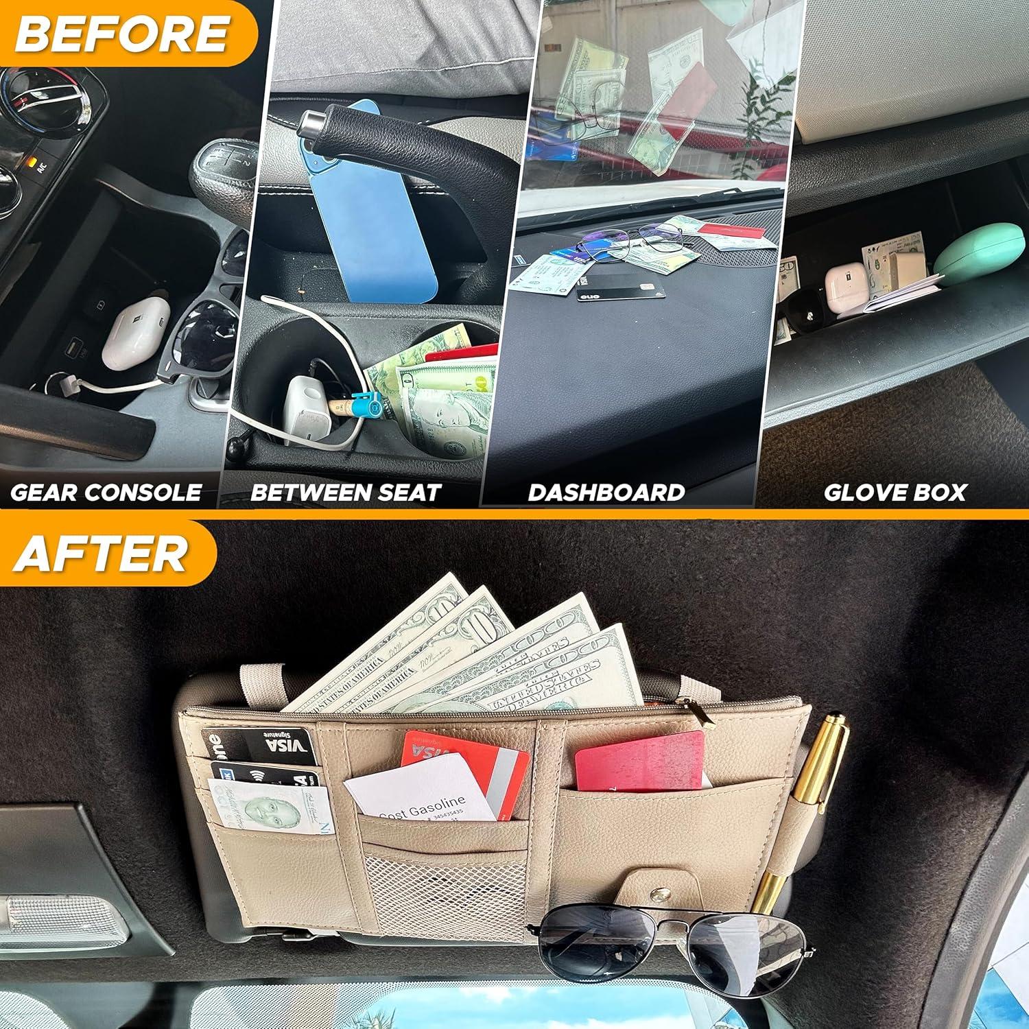 imageEcoNour Car Sun Visor Organizer Black  Storage Pouch Holder with MultiPocket Net Zipper  Sun Visor Organizer for Sunglass Coin Cash Pen  Auto Interior Accessories for Car Truck ampamp SUVBeige Organizer