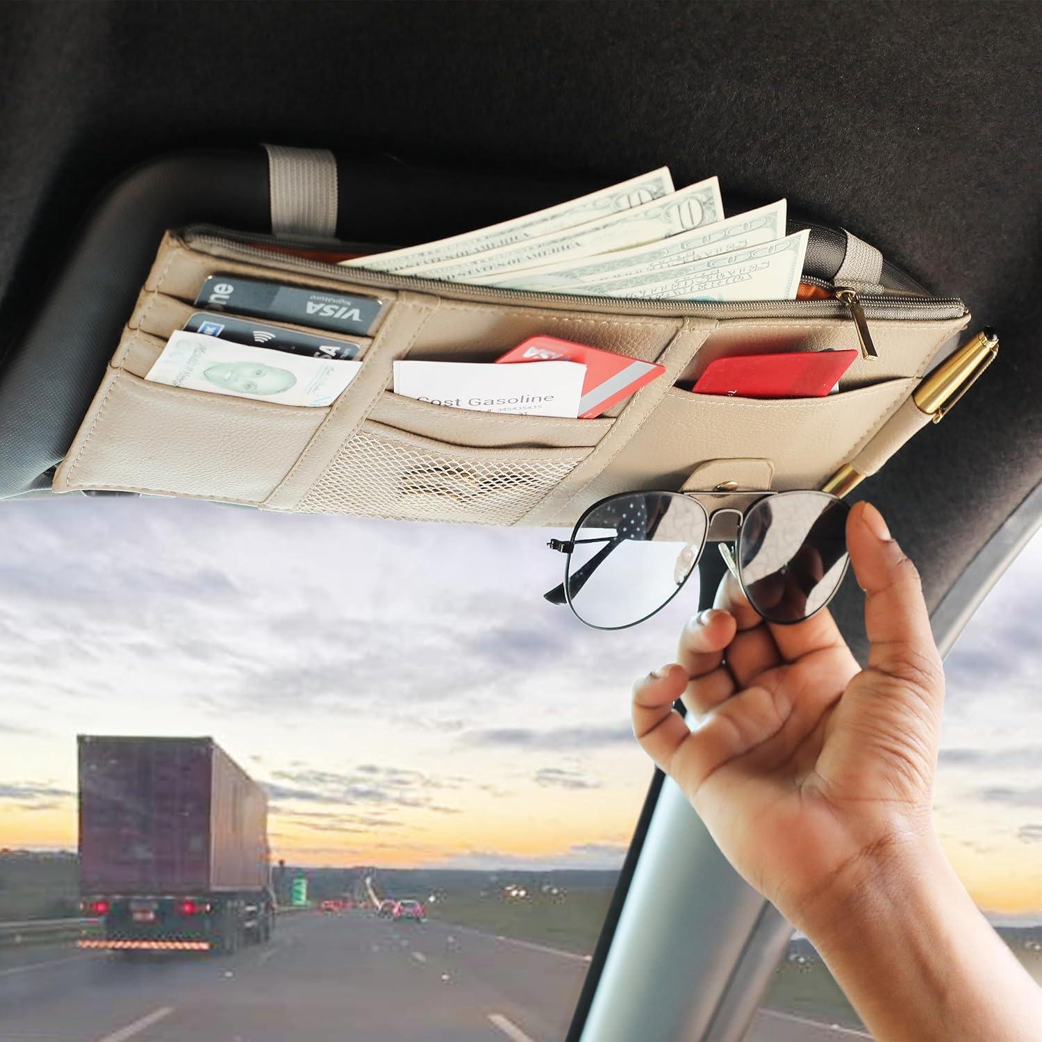 imageEcoNour Car Sun Visor Organizer Black  Storage Pouch Holder with MultiPocket Net Zipper  Sun Visor Organizer for Sunglass Coin Cash Pen  Auto Interior Accessories for Car Truck ampamp SUVBeige Organizer