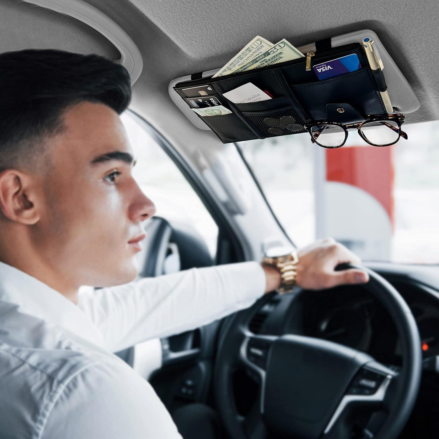 imageEcoNour Car Sun Visor Organizer Black  Storage Pouch Holder with MultiPocket Net Zipper  Sun Visor Organizer for Sunglass Coin Cash Pen  Auto Interior Accessories for Car Truck ampamp SUVBlack Organizer