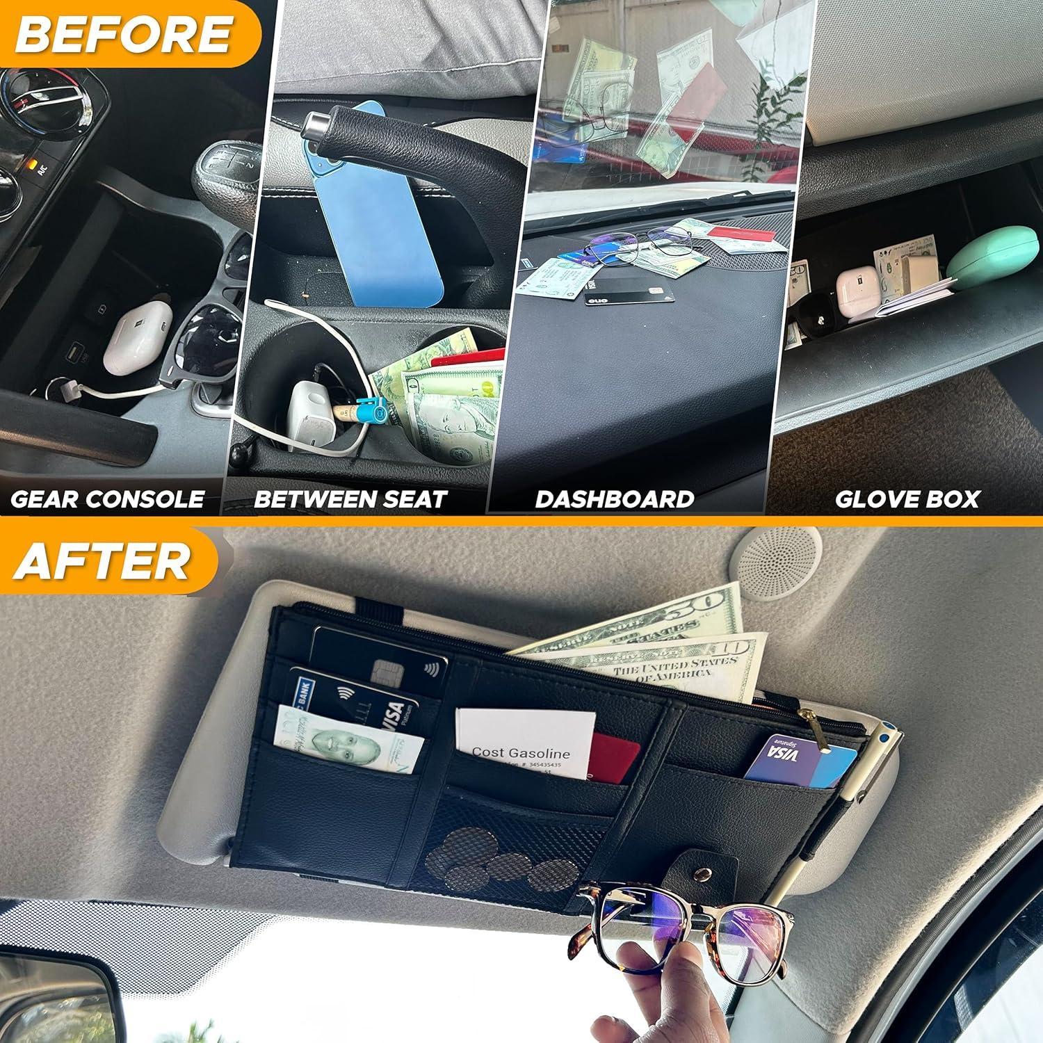 imageEcoNour Car Sun Visor Organizer Black  Storage Pouch Holder with MultiPocket Net Zipper  Sun Visor Organizer for Sunglass Coin Cash Pen  Auto Interior Accessories for Car Truck ampamp SUVBlack Organizer