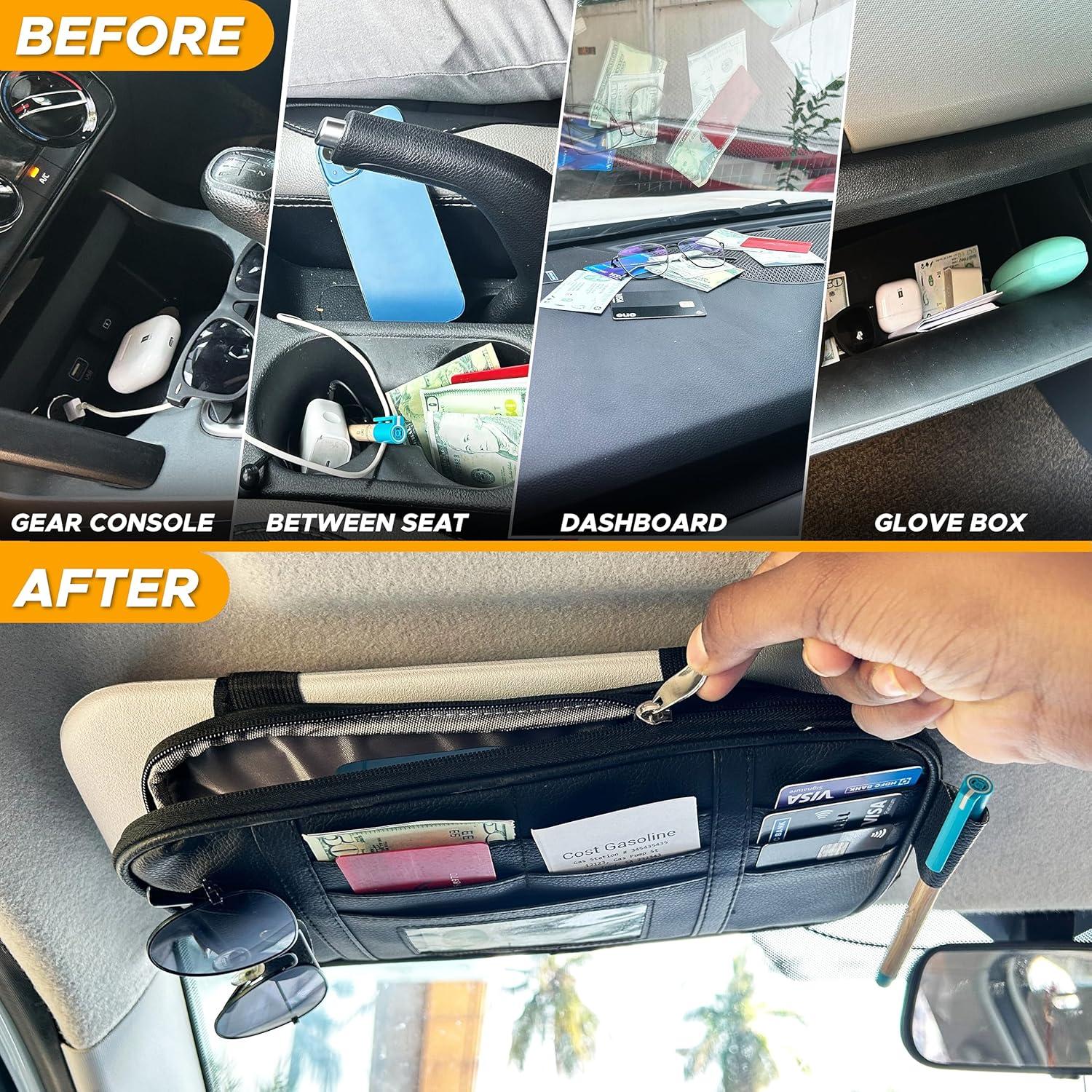imageEcoNour Car Sun Visor Organizer Black  Storage Pouch Holder with MultiPocket Net Zipper  Sun Visor Organizer for Sunglass Coin Cash Pen  Auto Interior Accessories for Car Truck ampamp SUVBlackMulti Organizer