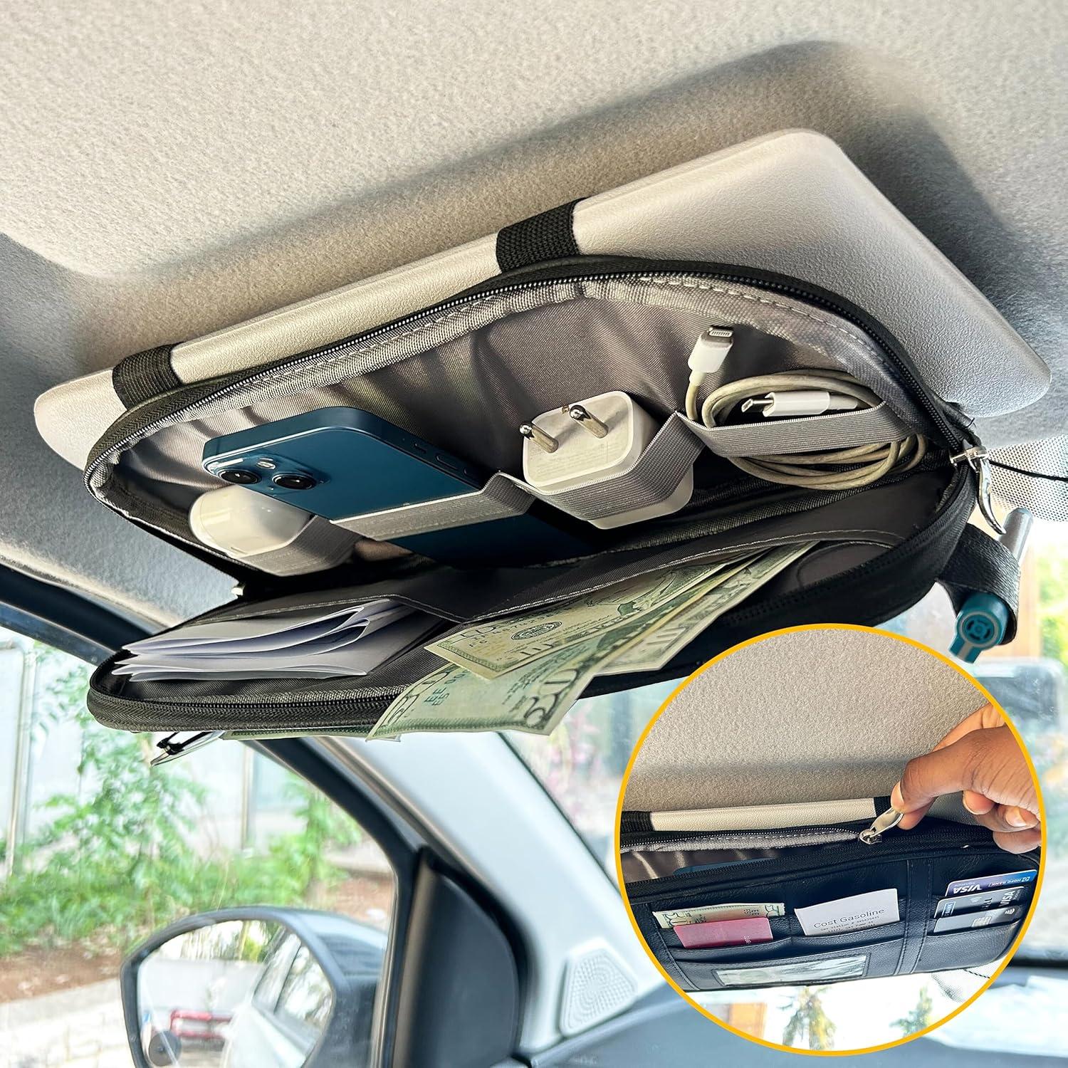 imageEcoNour Car Sun Visor Organizer Black  Storage Pouch Holder with MultiPocket Net Zipper  Sun Visor Organizer for Sunglass Coin Cash Pen  Auto Interior Accessories for Car Truck ampamp SUVBlackMulti Organizer