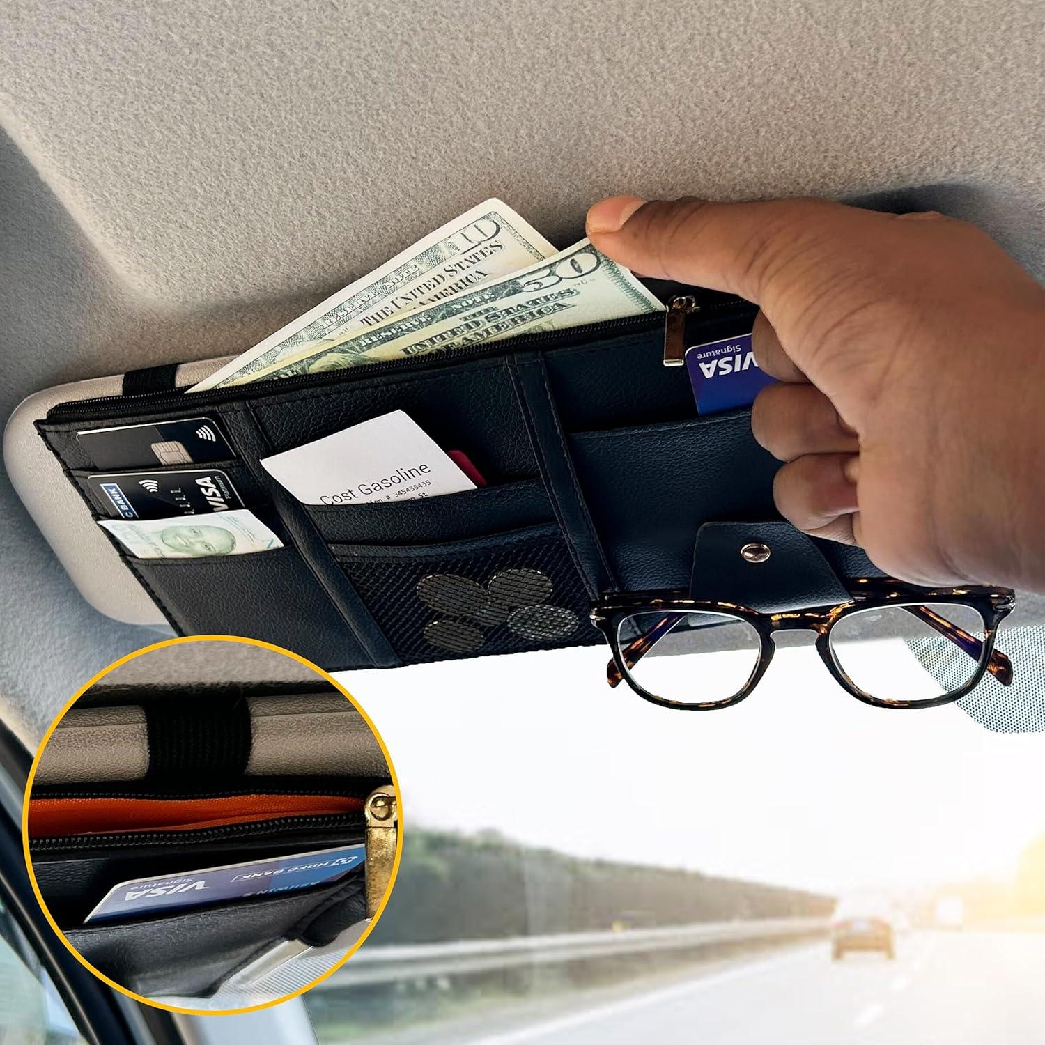 imageEcoNour Car Sun Visor Organizer Black  Storage Pouch Holder with MultiPocket Net Zipper  Sun Visor Organizer for Sunglass Coin Cash Pen  Auto Interior Accessories for Car Truck ampamp SUVBlack Organizer