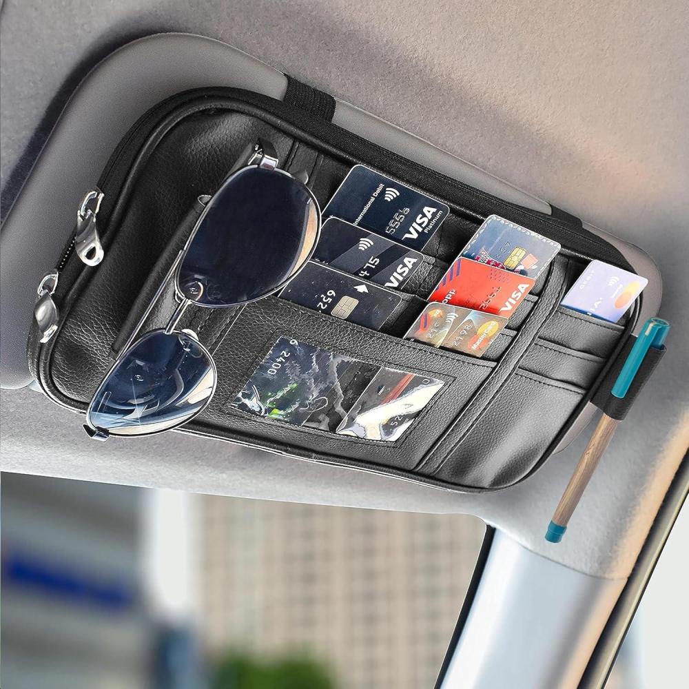 imageEcoNour Car Sun Visor Organizer Black  Storage Pouch Holder with MultiPocket Net Zipper  Sun Visor Organizer for Sunglass Coin Cash Pen  Auto Interior Accessories for Car Truck ampamp SUVBlackMulti Organizer