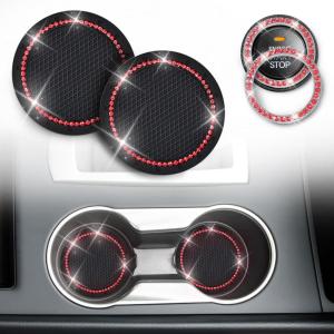 imageEcoNour Car Cup Coasters  Blue 2 Pack  AntiSlip Coasters for Cup Holders  Classy ampamp Elegant Rhinestone Interior Accessories for WomenBlackred
