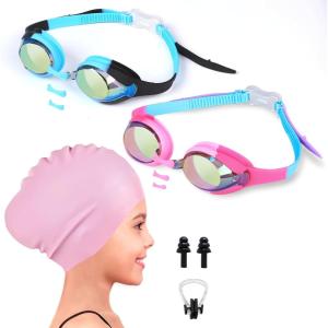 imageEcoNour Kids 2Pack Swimming Goggles with AntiFog ampamp UV Protection  Pink Waterproof Silicone Cap with Ear Plugs ampamp Nose Clips Ages 312
