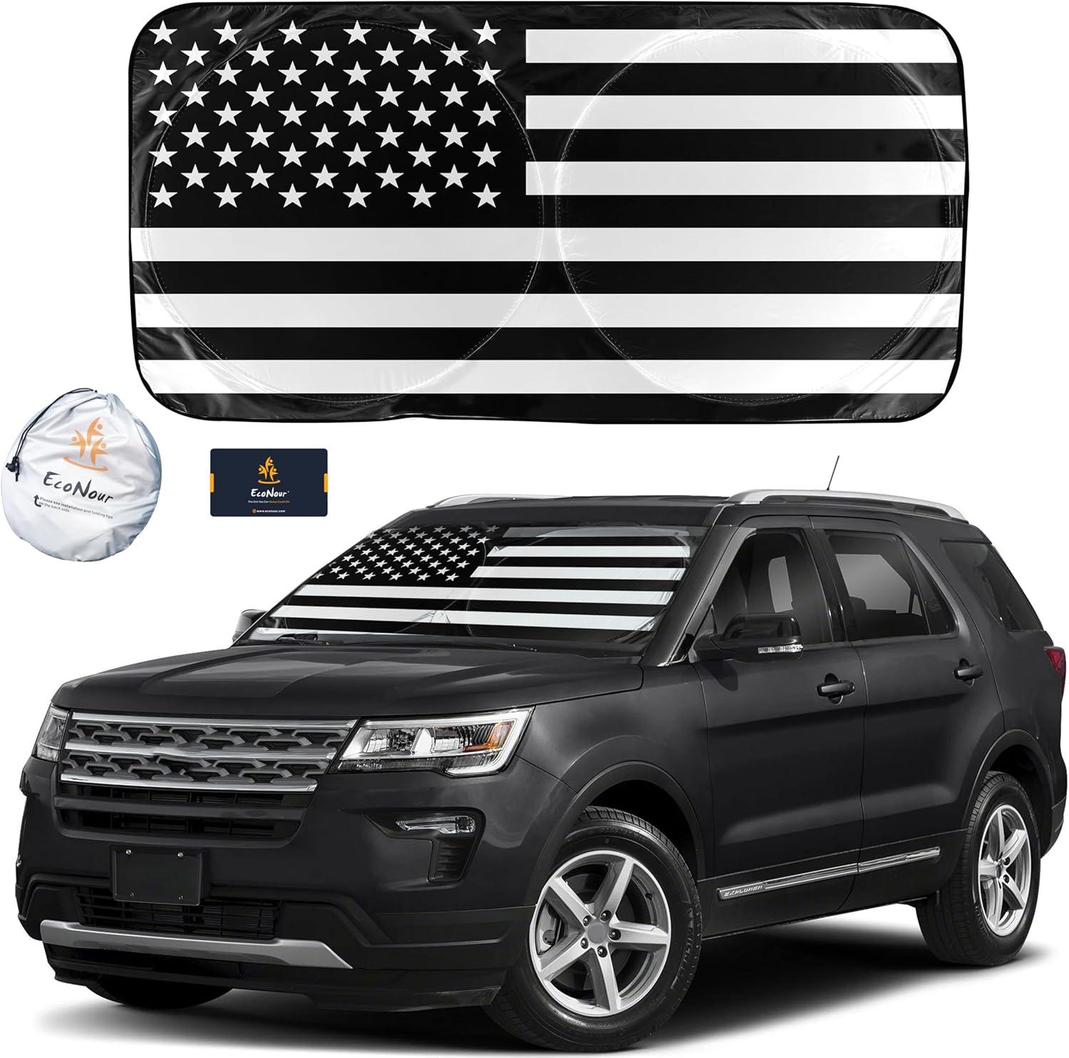 imageEcoNour 240T Windshield Sun Shade Patriotic Design  American Flag ampamp Bald Eagle  UV ampamp Heat Protection for Cars Interior Cool Trucks SUVs  Foldable Reflective Sun Visor 64quot x 32quotBlack