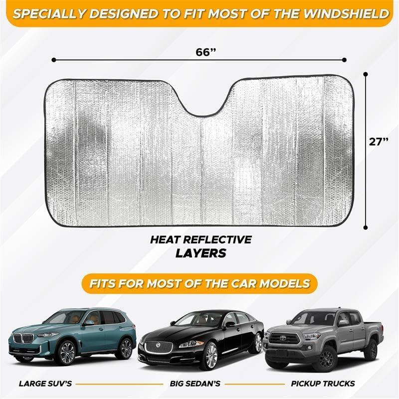 imageEcoNour Accordion Foldable Windshield Sun Shade  Premium Reflective Sun Visor for SUVs ampamp Pickups Windshields  UV ampamp Heat Reflective Sunshade with Durable DualLayer Design  Large 58 x 28XLarge