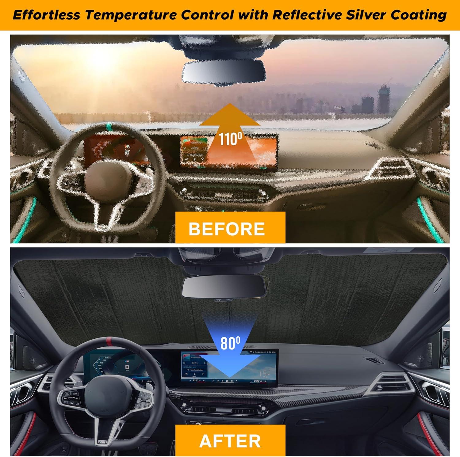 imageEcoNour Accordion Foldable Windshield Sun Shade  Premium Reflective Sun Visor for SUVs ampamp Pickups Windshields  UV ampamp Heat Reflective Sunshade with Durable DualLayer Design  Large 58 x 28XLarge