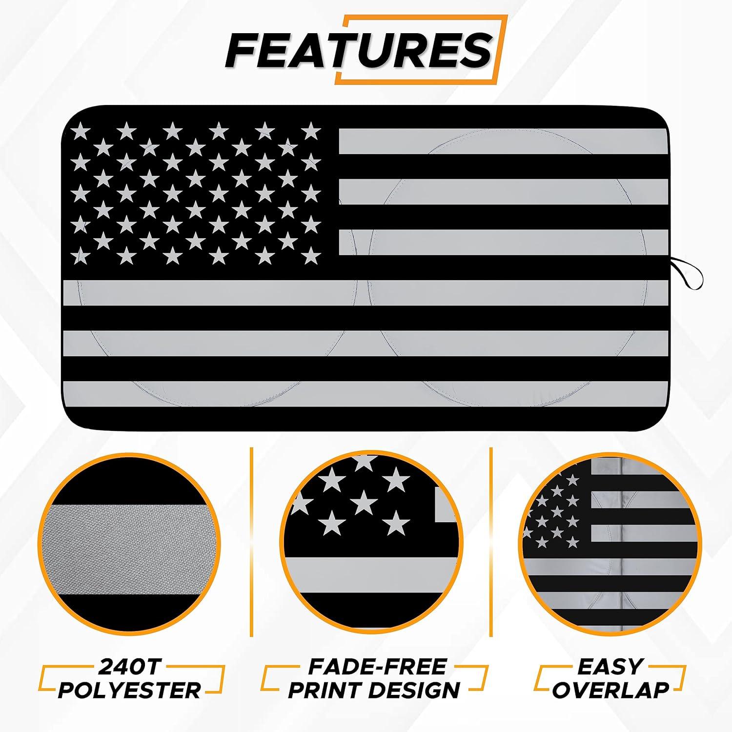 imageEcoNour Camoflage American Flag Windshield Sun Shade 240T Reflective Polyester Blocks 99 UV ampamp Heat Protection  Patriotic Car Accessory Sedans Hatchbacks Small SUVs  Universal Fit 64quot x 33quotBlack