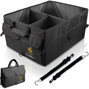 imageEcoNour Trunk Organizer for Car  SUV Collapsible Cargo Storage Box with Detachable Dividers Mesh Pockets ampamp Adjustable Straps  Multi Compartment Organizer for Groceries Tools Travel  BlackTrunk Organizer